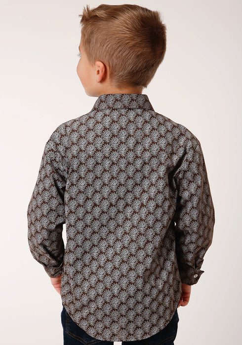 Roper Boys Kids Chocolate/Cream Cotton Blend Tear Drop L/S Shirt