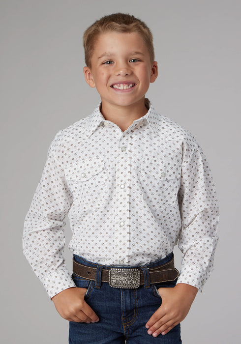 Roper Kids Boys 2065 Mini Floral Taupe/Cream Cotton Blend L/S Shirt