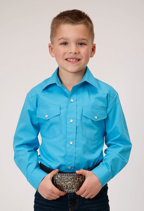 Roper Kids Boys Solid Broadcloth Blue Cotton Blend L/S Shirt