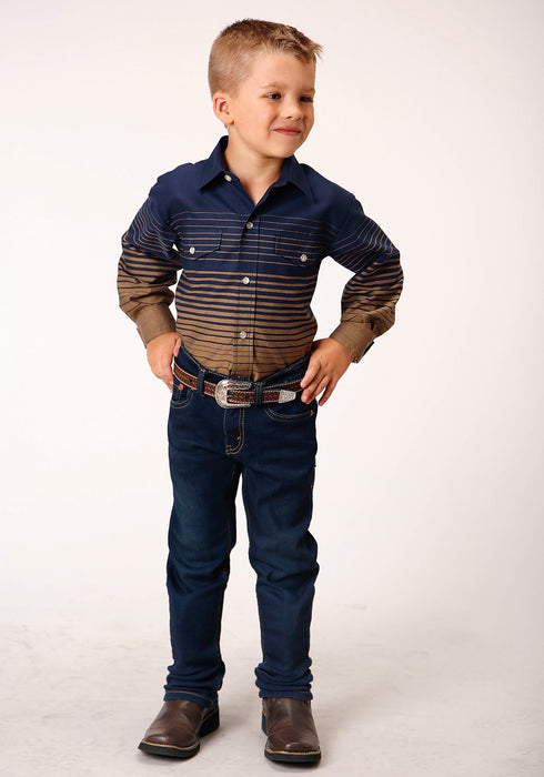 Roper Boys Kids Navy/Khaki Cotton Blend Border Stripe L/S Shirt