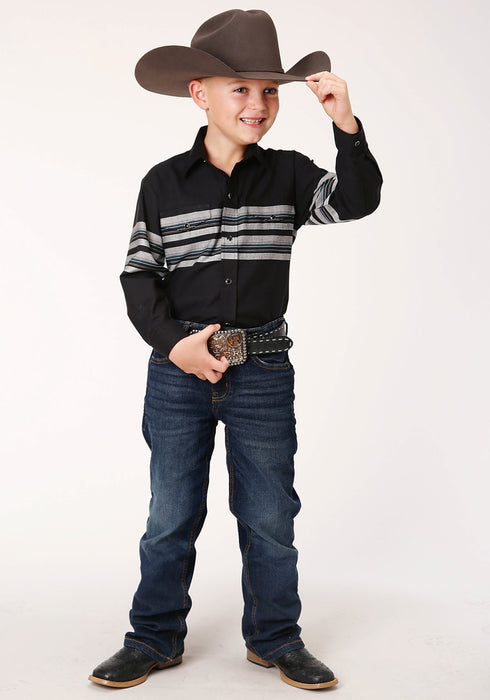 Roper Boys Kids Black/Grey Cotton Blend Border Stripe L/S Shirt