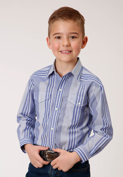 Roper Boys Blue/White Cotton Blend Wide Stripe L/S Shirt