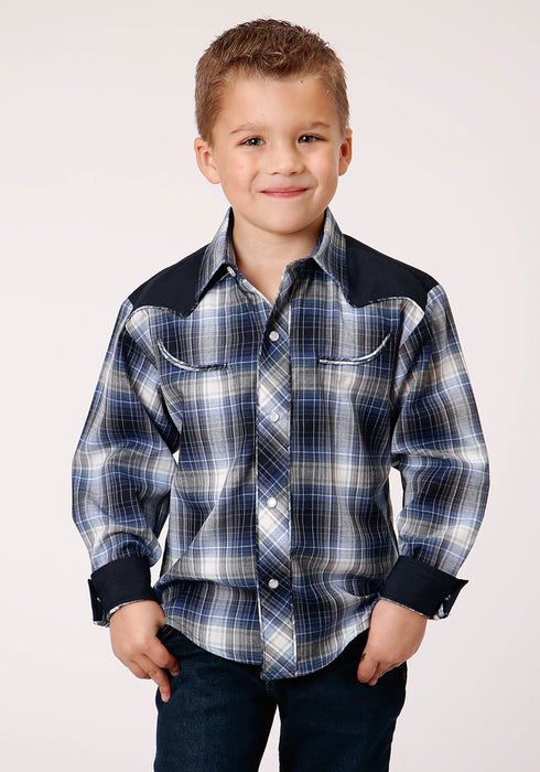 Roper Boys Kids Royal/White Cotton Blend Plaid L/S Shirt