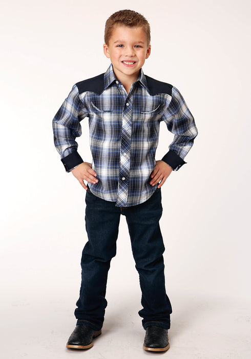 Roper Boys Kids Royal/White Cotton Blend Plaid L/S Shirt