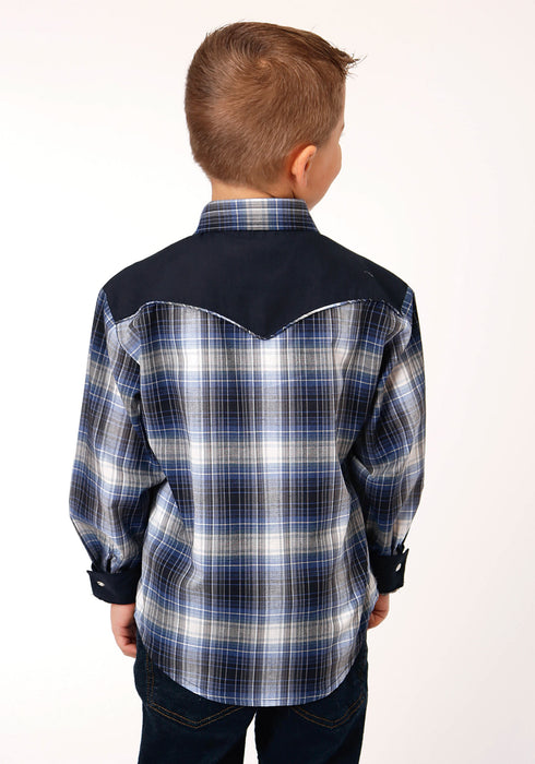 Roper Boys Kids Royal/White Cotton Blend Plaid L/S Shirt