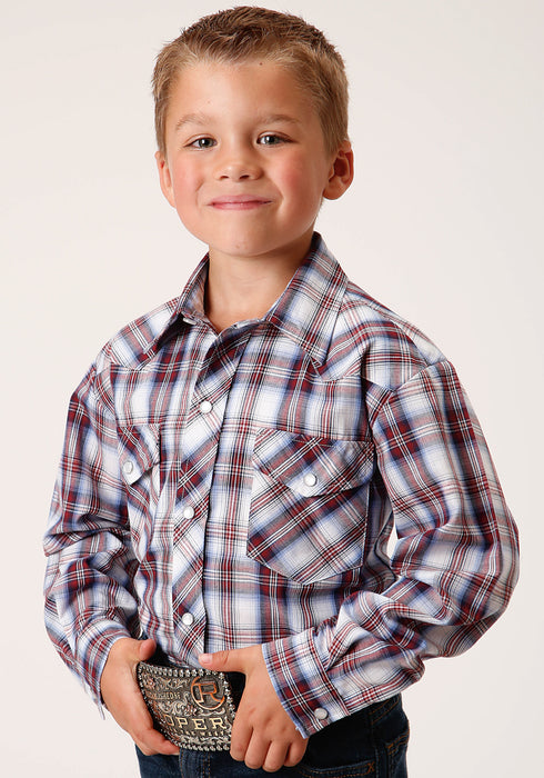 Roper Boys Kids Wine/White Cotton Blend Plaid L/S Snap Shirt