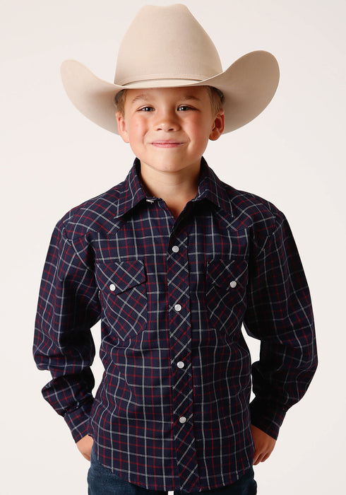 Roper Boys Kids Navy/White Cotton Blend Windowpane L/S Plaid Shirt