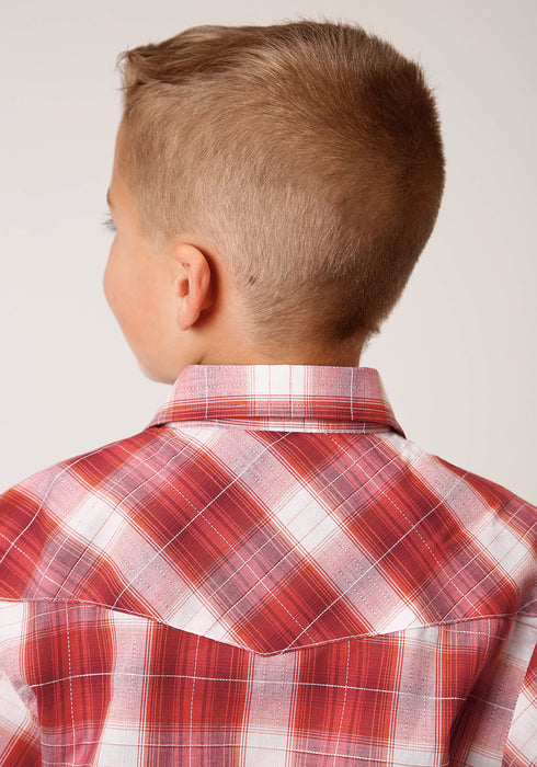 Roper Boys Kids Orange/Red Cotton Blend Windowpane L/S Shirt