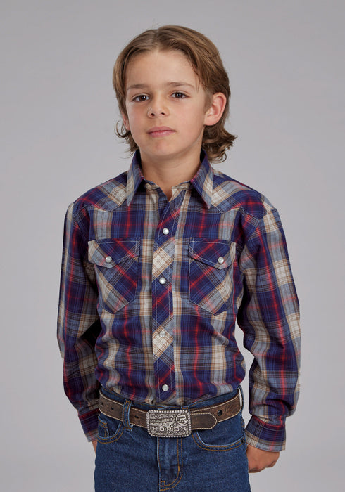 Roper Kids Boys 2103 Plaid Navy/Red Cotton Blend L/S Shirt