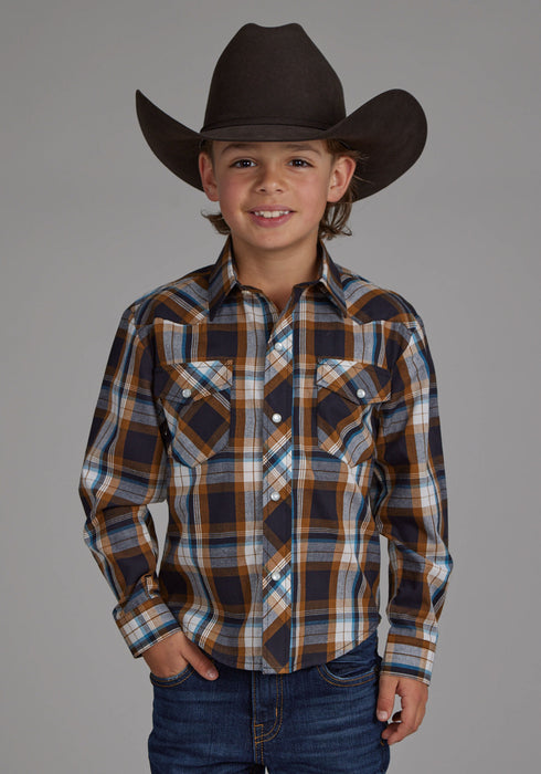 Roper Kids Boys 2106 Plaid Caramel/Teal Cotton Blend L/S Shirt