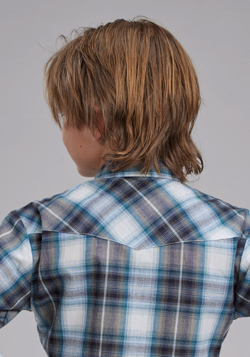 Roper Kids Boys 2111 Plaid Navy/White Cotton Blend L/S Shirt