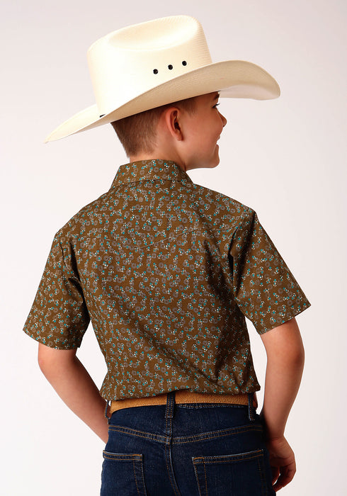 Roper Boys Kids Brown/Turquoise Cotton Blend Mini Floral S/S Shirt