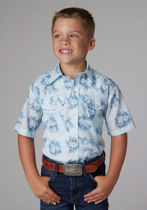 Roper Kids Boys 2066 Floral Print Blue Cotton Blend S/S Shirt