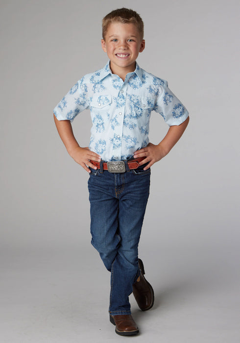 Roper Kids Boys 2066 Floral Print Blue Cotton Blend S/S Shirt