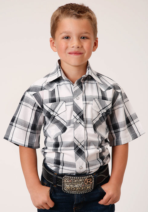 Roper Boys Kids White/Black Cotton Blend Plaid S/S Shirt