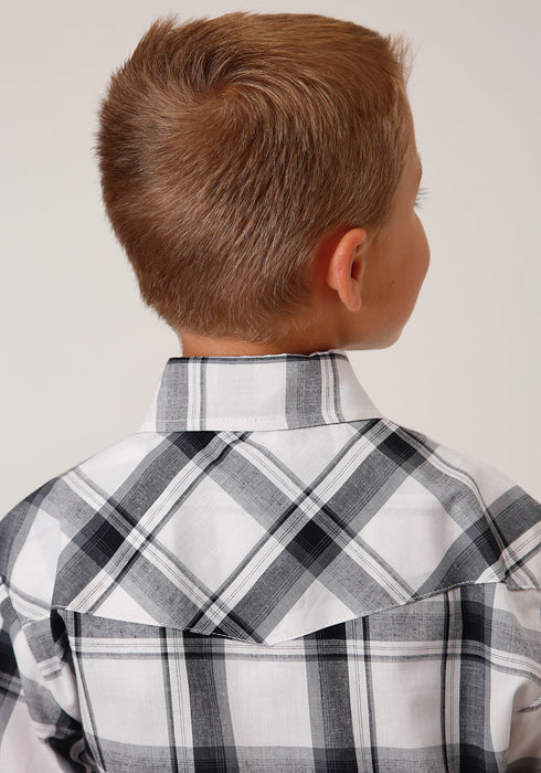 Roper Boys Kids White/Black Cotton Blend Plaid S/S Shirt