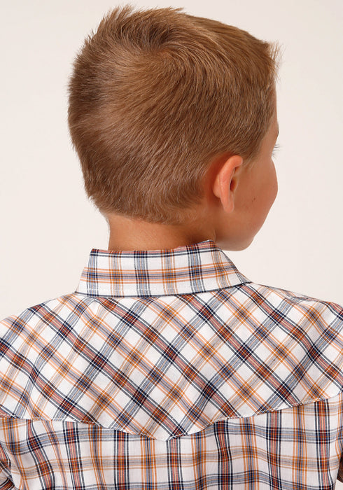 Roper Boys Kids Navy/Rust Cotton Blend Windowpane S/S Plaid Shirt