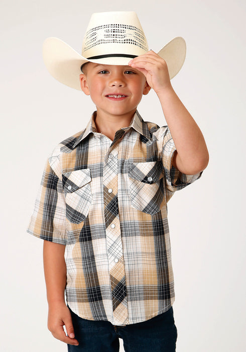 Roper Boys Kids Black/Khaki Cotton Blend Plaid S/S Snap Shirt