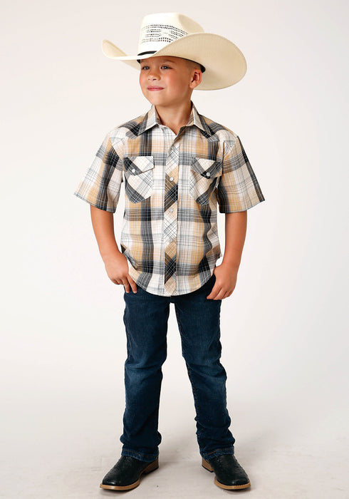 Roper Boys Kids Black/Khaki Cotton Blend Plaid S/S Snap Shirt