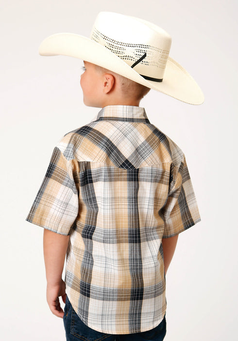 Roper Boys Kids Black/Khaki Cotton Blend Plaid S/S Snap Shirt