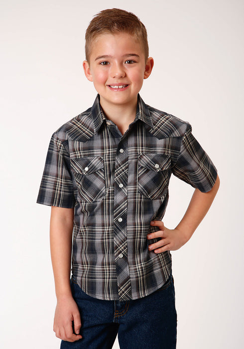 Roper Boys Navy/Cream Cotton Blend 55/45 Plaid S/S Shirt