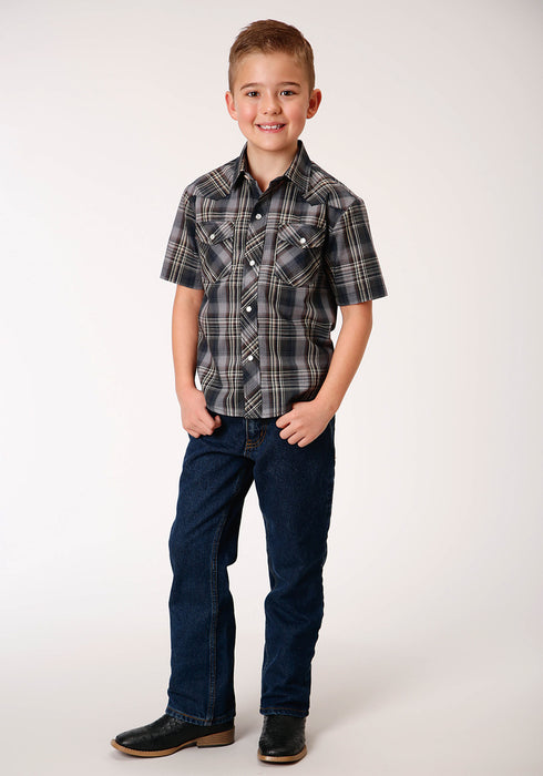 Roper Boys Navy/Cream Cotton Blend 55/45 Plaid S/S Shirt