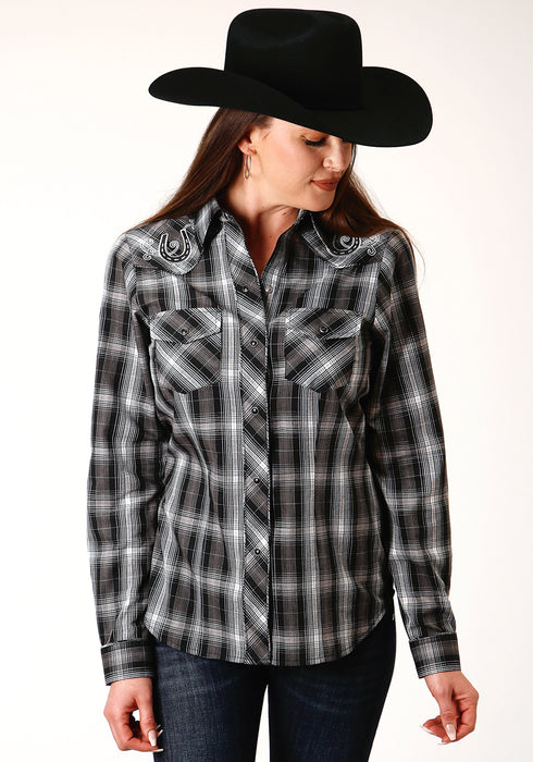 Roper Womens Black/White Cotton Blend Plaid L/S Snap Shirt