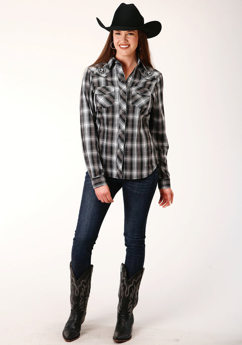 Roper Womens Black/White Cotton Blend Plaid L/S Snap Shirt