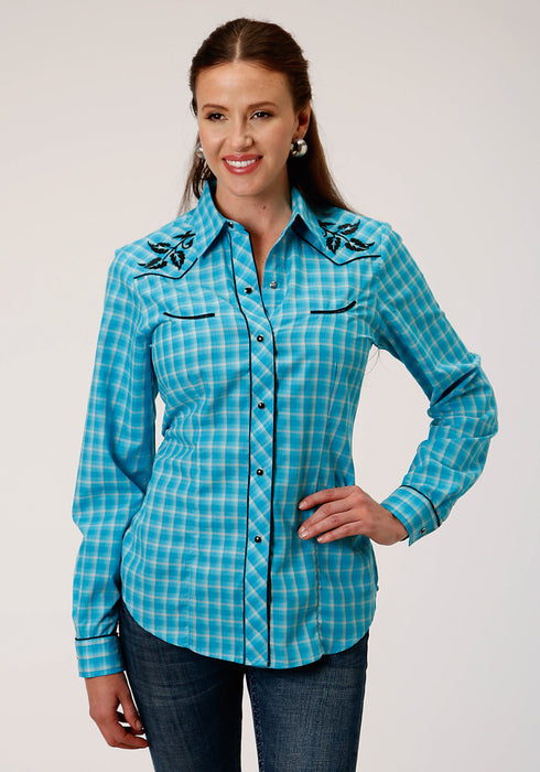 Roper Womens Turquoise/Gray Cotton Blend Small Scale L/S Leaf Shirt