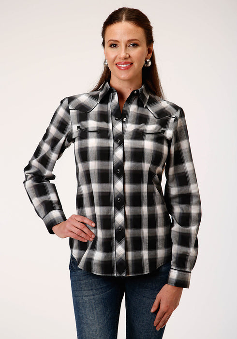 Roper Womens Charcoal/White Cotton Blend Horseshoes L/S Shirt