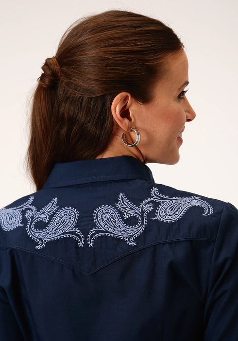 Roper Womens Navy Cotton Blend Solid Paisley L/S Shirt