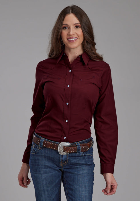 Roper Womens 2124 Broadcloth Longhorn Wine Cotton Blend L/S Shirt