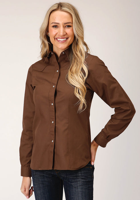 Roper Womens Warm Brown Cotton Blend Embroidered L/S Broadcloth Shirt