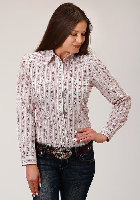 Roper Womens Wine/Cream Cotton Blend Wallpaper Print L/S Shirt