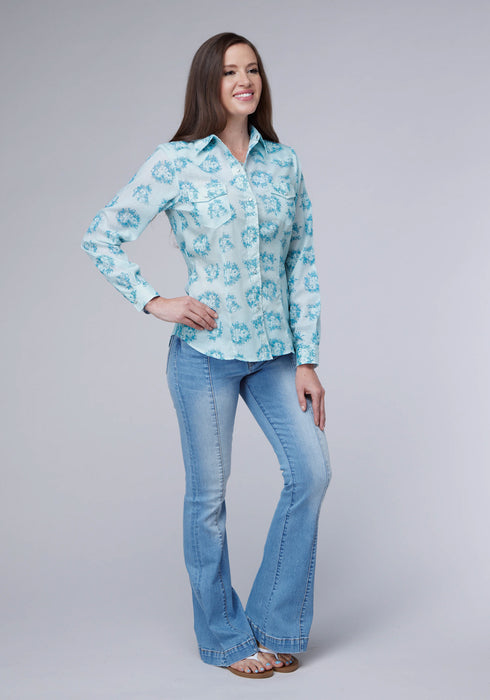 Roper Womens 2066 Floral Print Blue Cotton Blend L/S Shirt