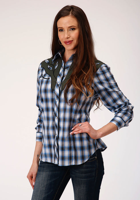 Roper Womens Navy/White Cotton Blend Plaid Western L/S Shirt