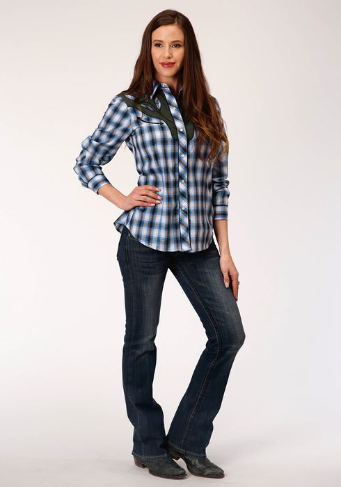 Roper Womens Navy/White Cotton Blend Plaid Western L/S Shirt