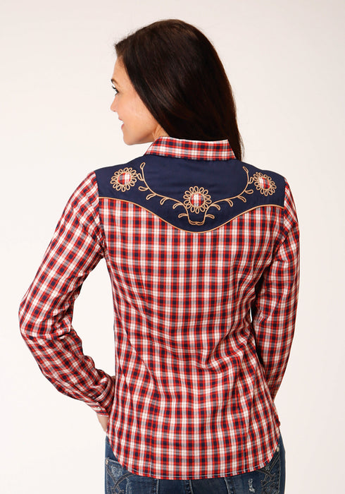 Roper Womens Red/Navy Cotton Blend Small Plaid L/S Fancy Shirt