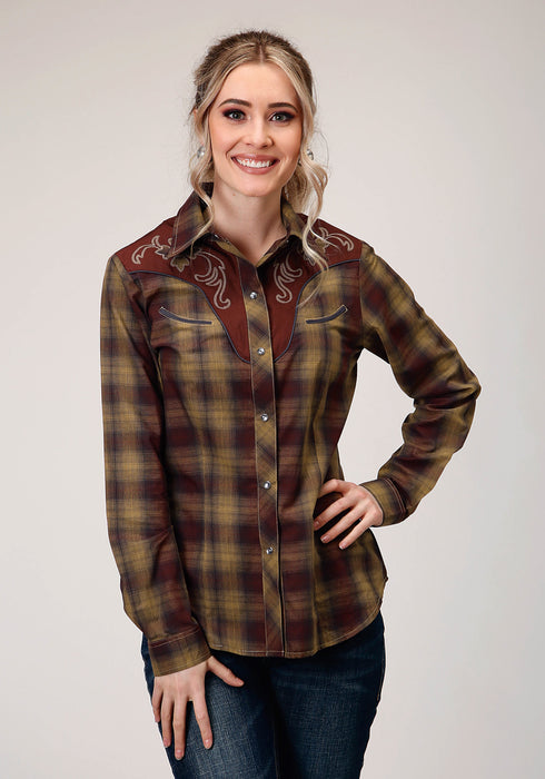 Roper Womens Caramel/Grey Cotton Blend Plaid L/S Shirt