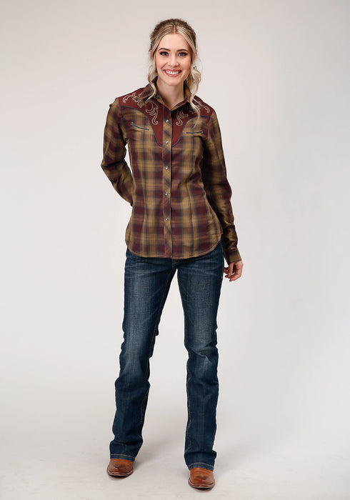 Roper Womens Caramel/Grey Cotton Blend Plaid L/S Shirt