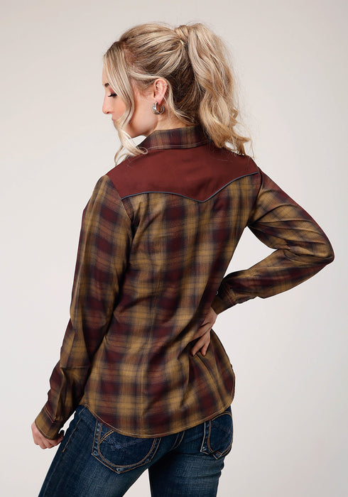 Roper Womens Caramel/Grey Cotton Blend Plaid L/S Shirt