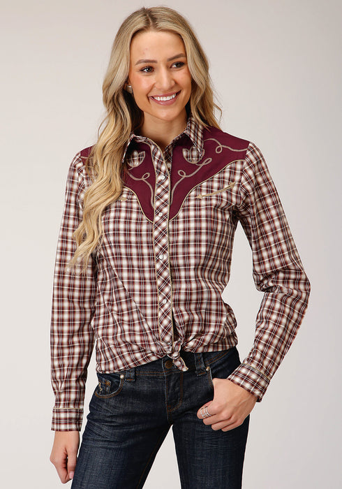 Roper Womens Wine/Cream Cotton Blend Small Scale L/S Plaid Shirt