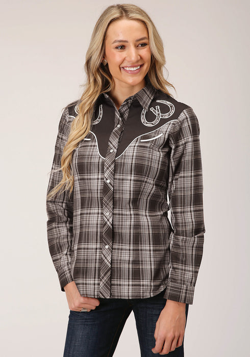 Roper Womens Chocolate/Cream Cotton Blend Fancy Plaid L/S Shirt