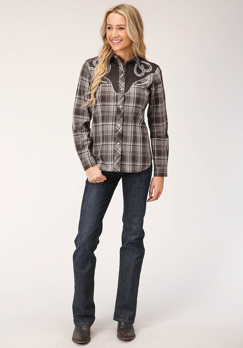 Roper Womens Chocolate/Cream Cotton Blend Fancy Plaid L/S Shirt