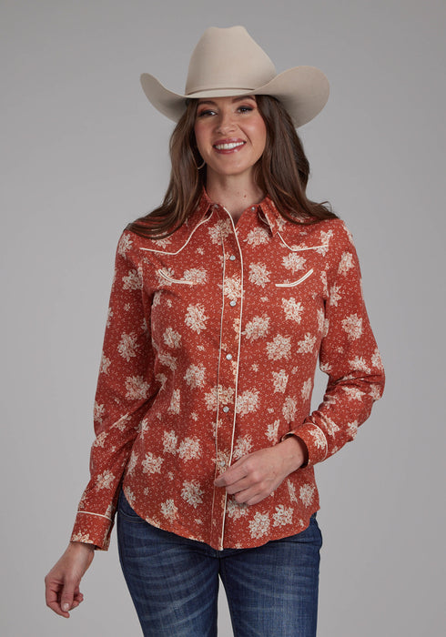 Roper Womens 2282 Floral Orange/Cream Cotton Blend Retro L/S Shirt