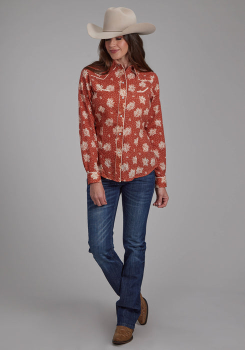 Roper Womens 2282 Floral Orange/Cream Cotton Blend Retro L/S Shirt