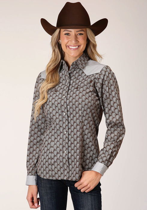 Roper Womens Chocolate/Cream Cotton Blend Teardrop L/S Shirt