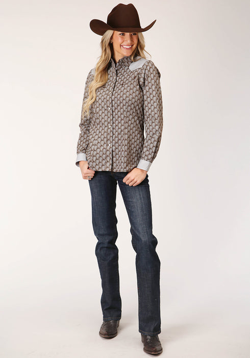 Roper Womens Chocolate/Cream Cotton Blend Teardrop L/S Shirt