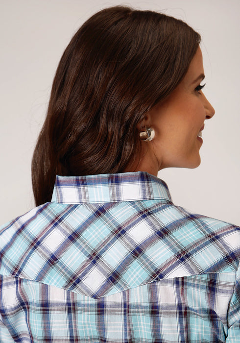 Roper Womens Aqua/Blue Cotton Blend Plaid L/S 55/45 Shirt