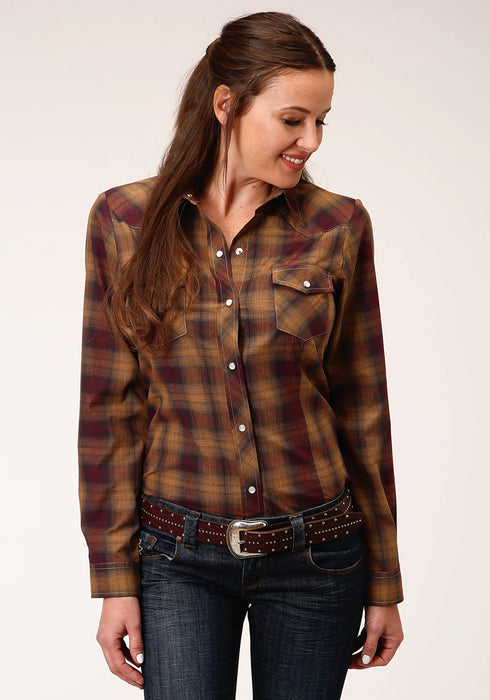 Roper Womens Plaid Caramel/Grey Cotton Blend L/S Shirt